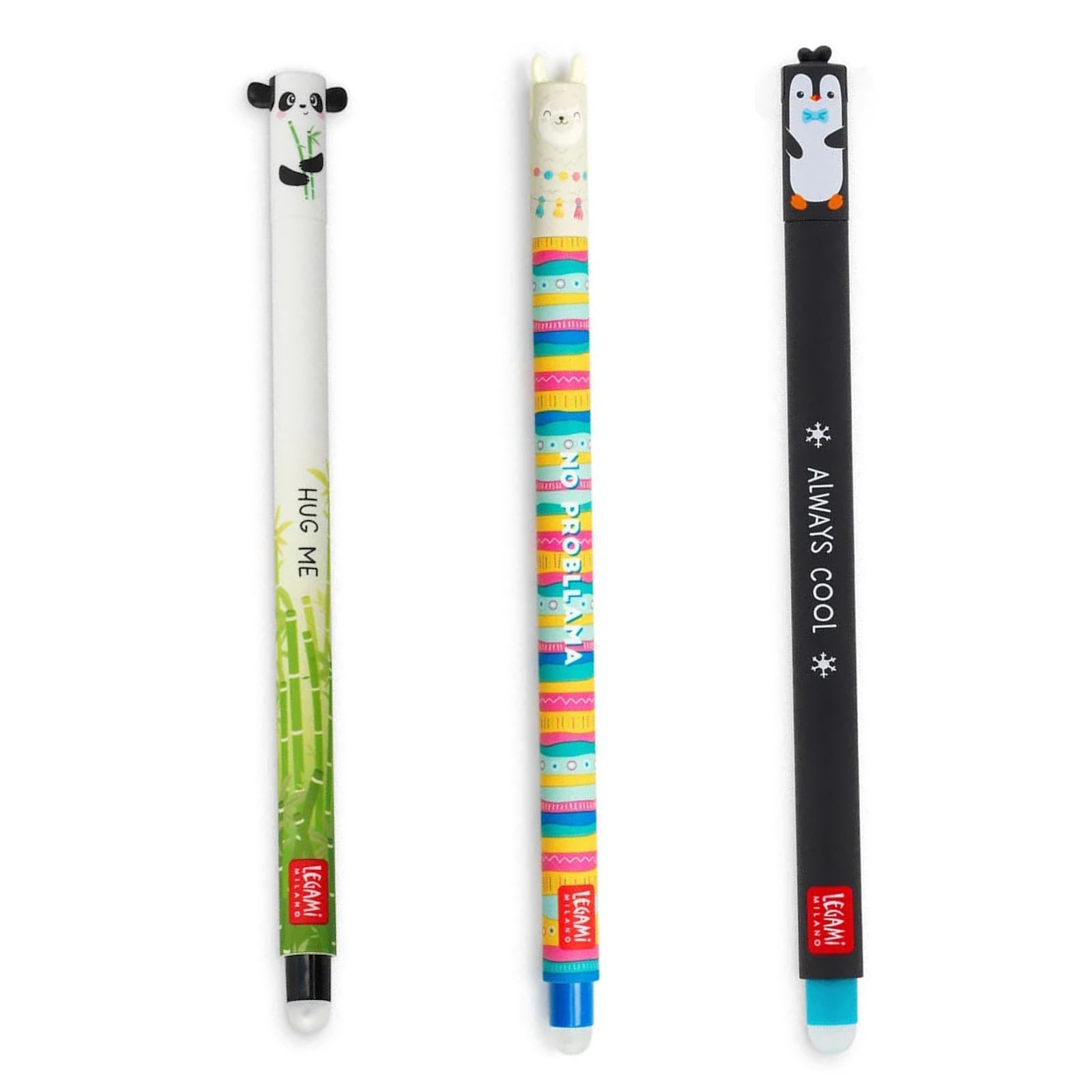 Legami - Set of 3 Erasable Gel Pens with Thermosensitive Erasable Ink, 0.7mm Tip, Blade Theme - Penguin - Panda Bamboo