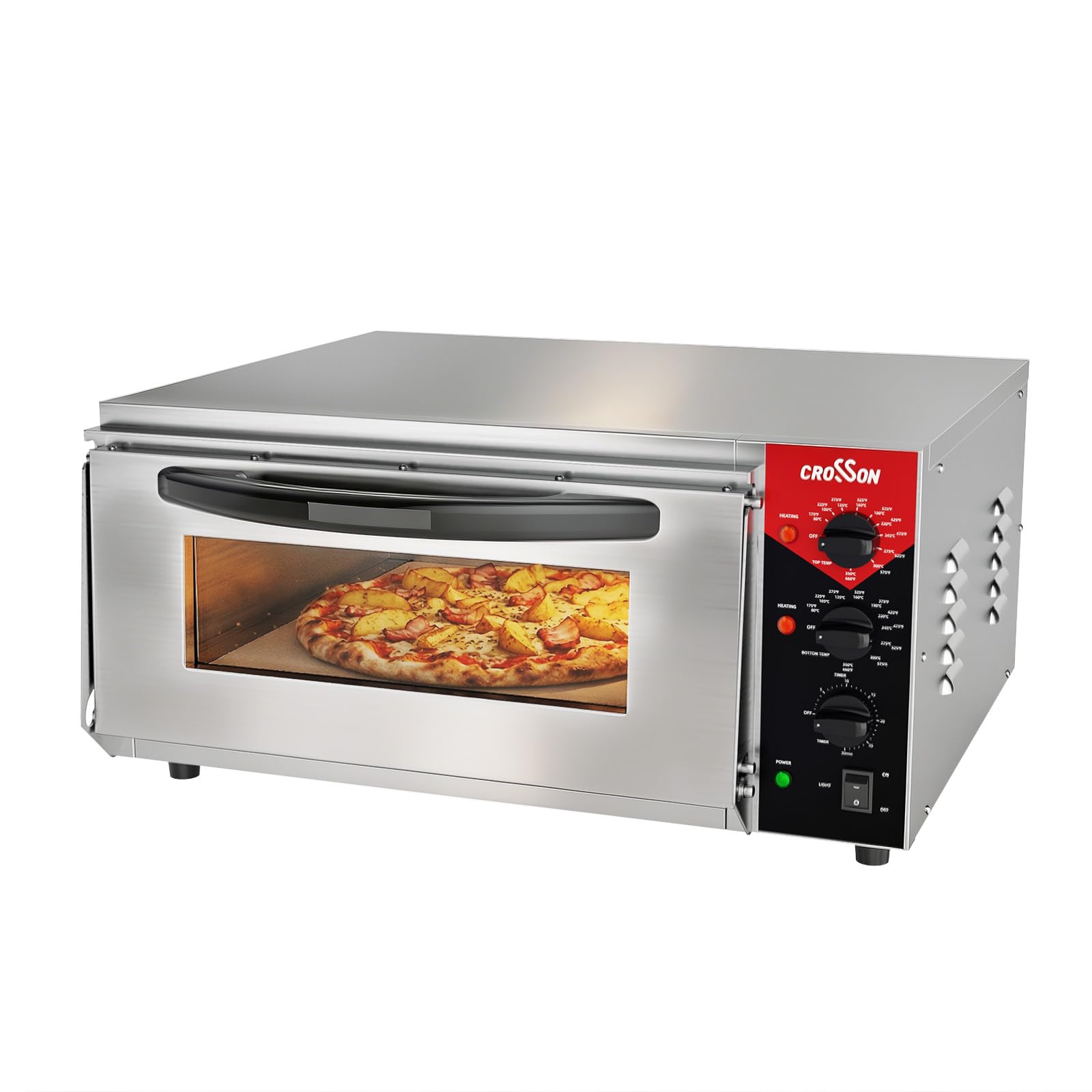 CROSSON Horno para Pizza Profesional de 19 Pulgadas,Horno Pizza Electrico de Acero Inoxidable Temperatura hasta 350℃ con 50 * 50CM Piedra,Temporizador 30 min