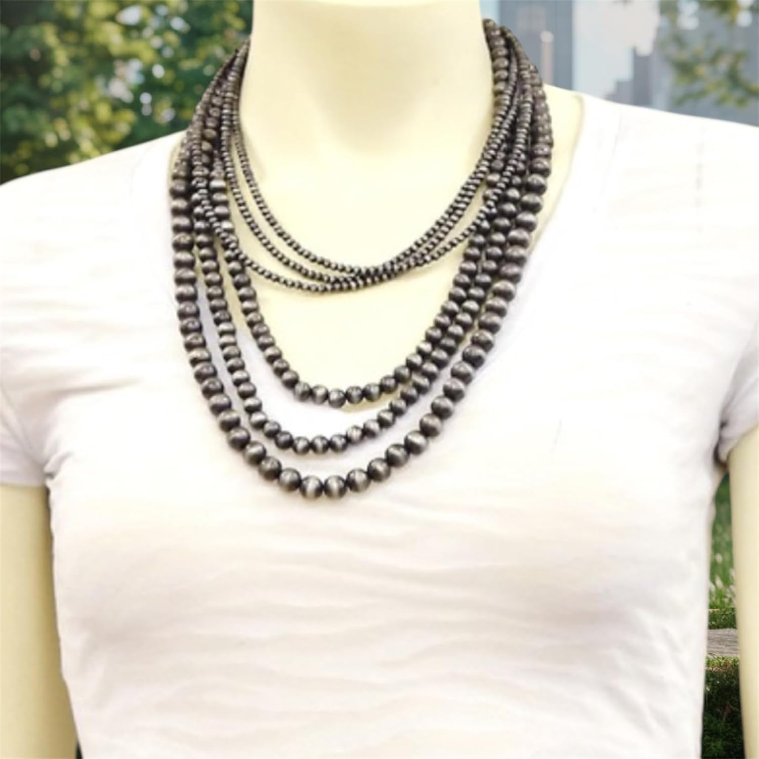 Handmade 6-Strand Navajo Bead Necklace, 24"-29", Mixed 4mm–10mm Beads, Layered Western Statement Jewelry 733260