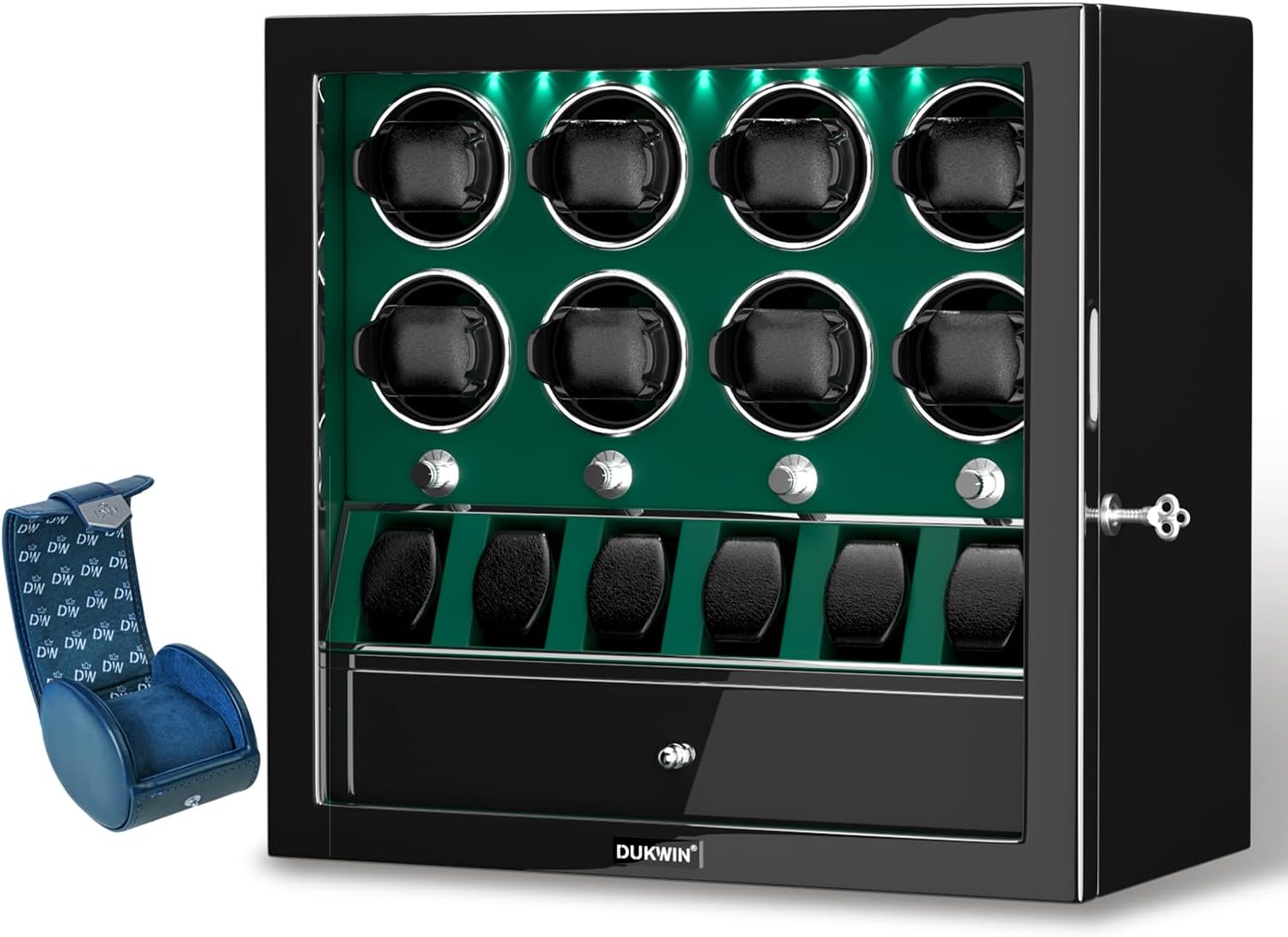 DUKWIN Green Lockable Watch Winders for 8 Automatic Watches and Blue Watch Roll for 1