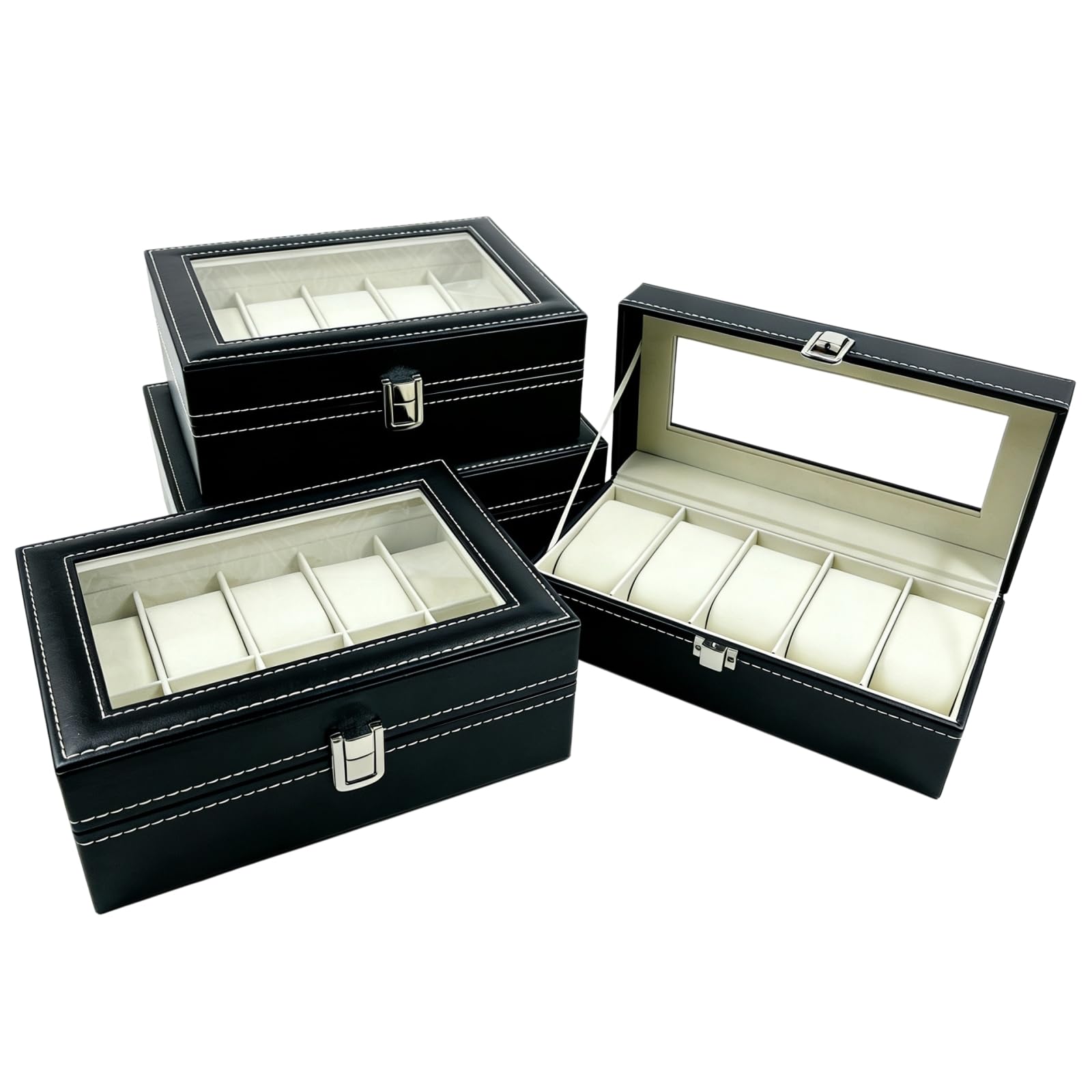 Boîte Montre Similicuir Fenêtre Acrylique Étui Organisateur 3 6 10 12 Emplacements Vitrine Rangement Set - C