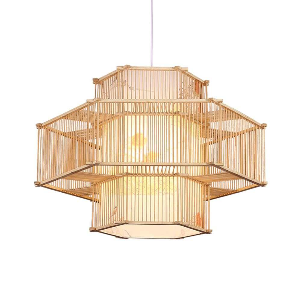 CHUNGYANG Bamboo Lamp Kitchen Island Hand-Woven Bamboo Chandelier Light Fixture Adjustable Hanging Cord Creative Vintage Hanging Ceiling Light For Dining Room Entryway Foyer Boho Foyer Lighting Fixtur