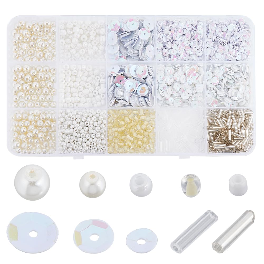 SUNNYCLUE Glass and Pearl Beads Sequins Kit with Bugle, Round, Plastic Paillette