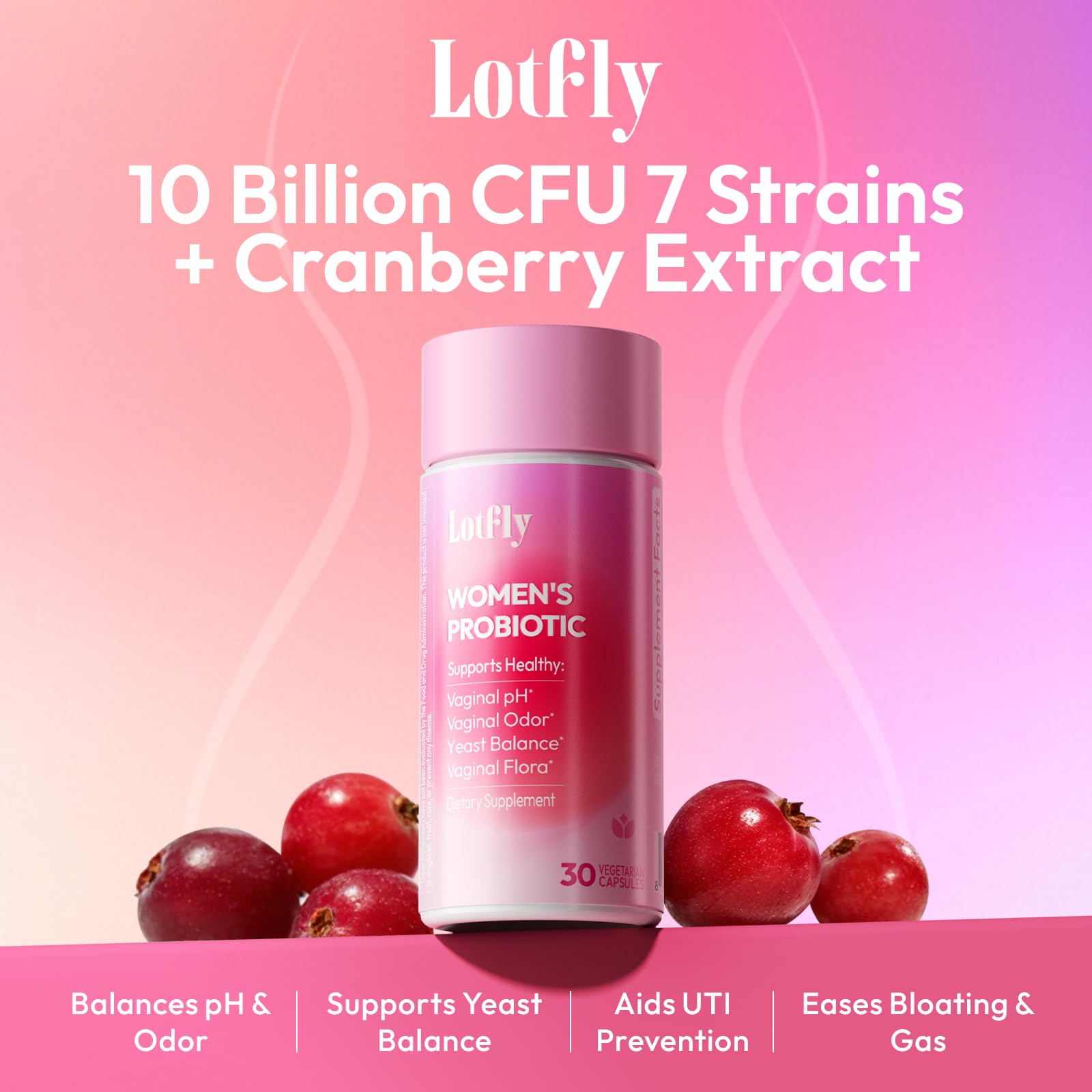 Vaginal Probiotics for Women 100 Billion CFU with Cranberry Extract for pH Balance & UTI Support, Plus Prebiotics & Lactobacillus, Triple Action for Vaginal, Urinary & Gut Health, 30 Capsules