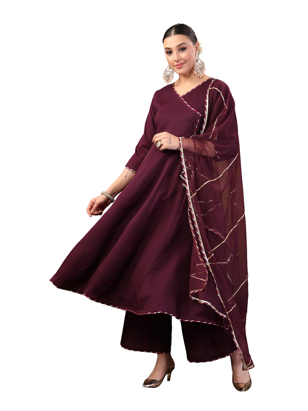 Stylum Women's Wine Solid Italian Crush Anarkali Kurta Pant Dupatta Set