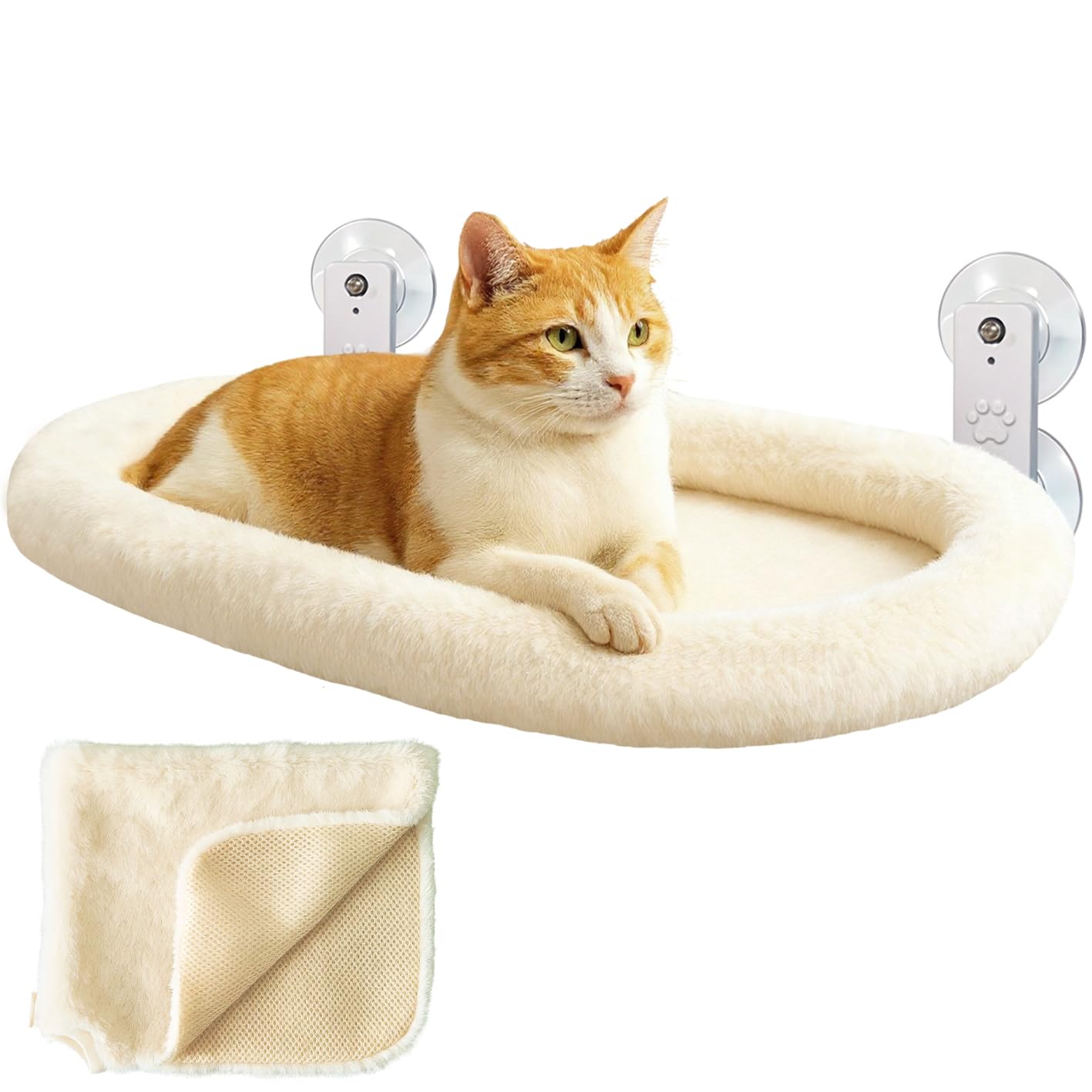 Hamaca Gato Ventana con Cojín + Funda Manta para Gatos + Montaje Pared | Cama Ventana para Gatos pequeños y Grandes. Reversible Verano Invierno | Cama Gato Beige