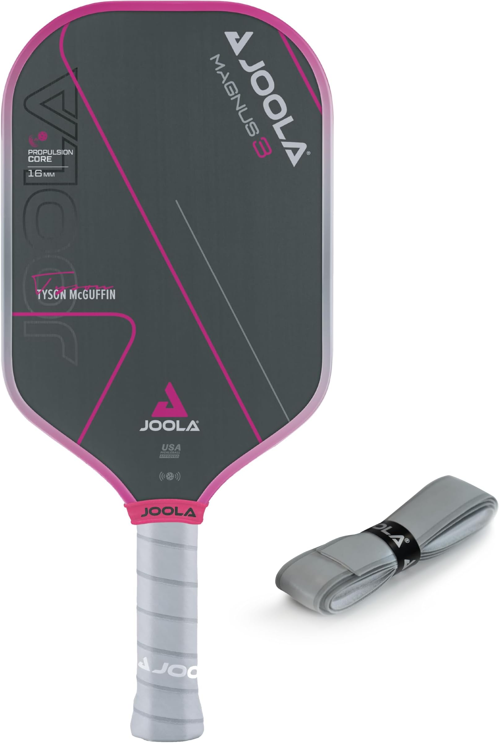 JOOLA Tyson McGuffin Magnus 3 Pickleball Paddle with 1 Replacement Grip - Elongated Short Handle Pickleball Paddle - Charged Carbon Surface Technology - Carbon Fiber Racket