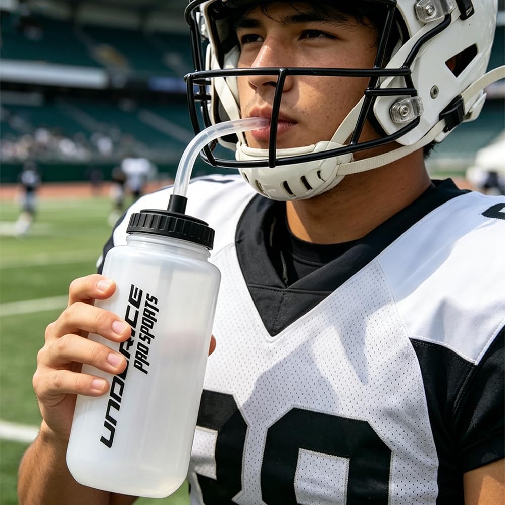 UICE Hockey Water Bottle with Long Straw 2-Pack & 1 Liter (34 Oz) BPA-Free Sports Water Bottles Easy Squeeze Bottle Lid with Extra Cap for Football Lacrosse Boxing Helmet Sports