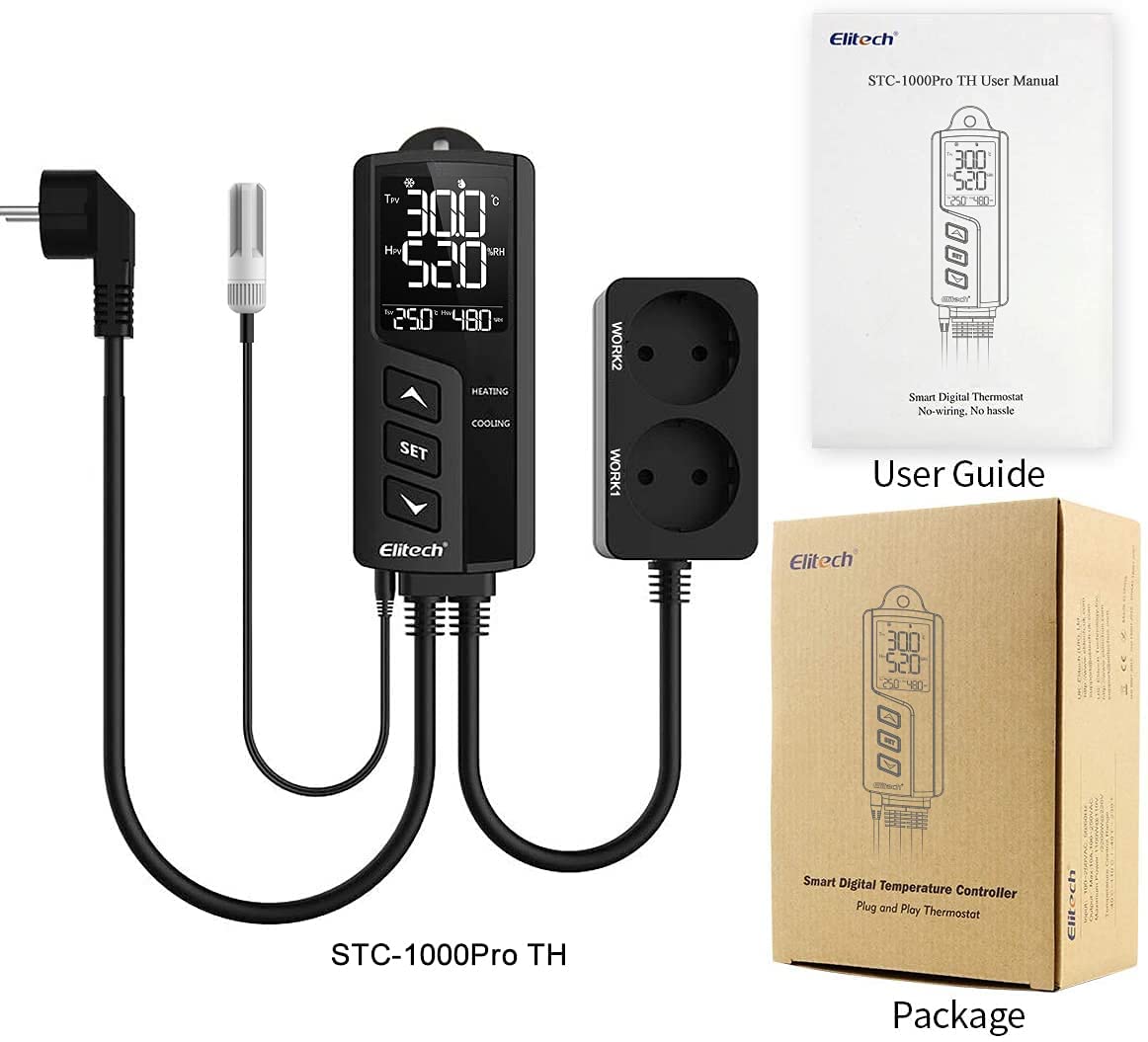Elitech Thermostat Temperaturregler & Feuchtigkeitsregler Temperatur Steuerung Steckdosen 220V mit Sensorsonde für Gewächshaus Reptilien Terrarium