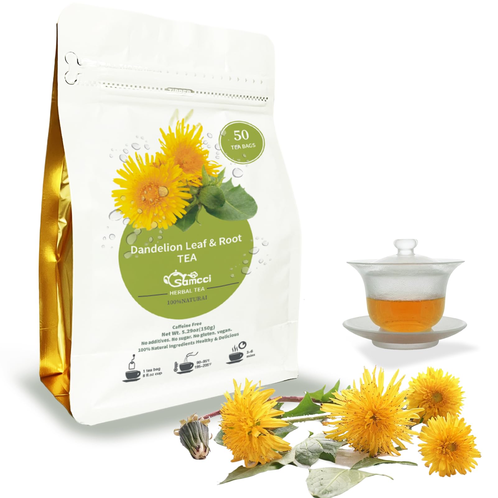 SAMCCIDandelion Leaf & Root Tea bags, 50 Teabags, Natural Roasted Dandelion Herbal Tea for Liver & Kidney Health, Support Digestion & Enhance Immune System, Caffeine Free
