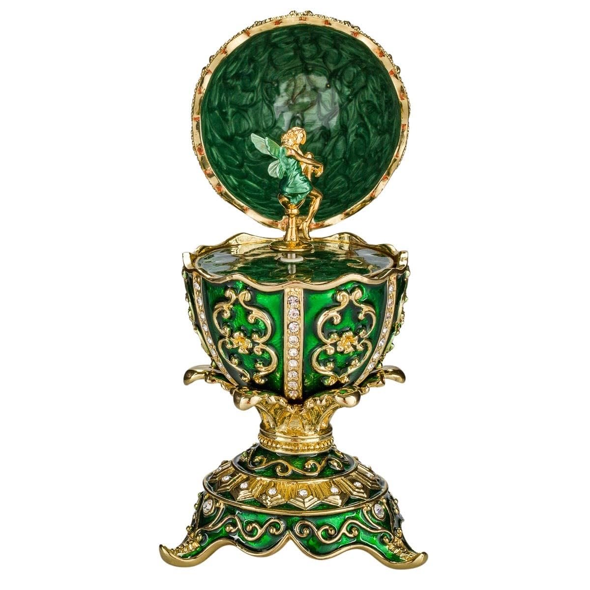 danila-souvenirs Jajko muzyczne w stylu Faberge Szkatułka na biżuterię z figurką wróżki 12,5 cm zielone