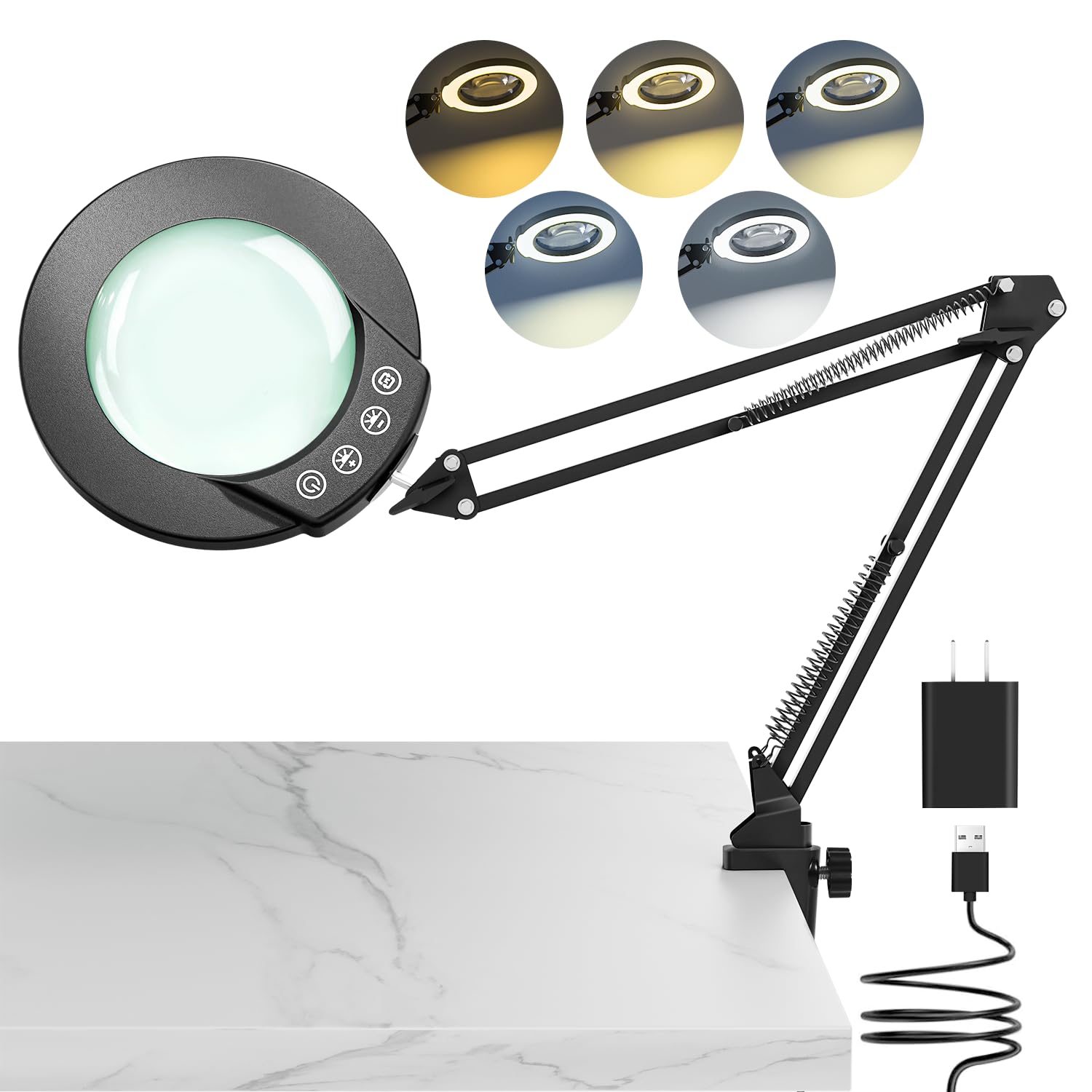 TYEE Loupe 10X avec lumière et pince, loupe éclairée en verre véritable avec 5 modes de couleur et intensité variable en continu, lampe de bureau mains libres pour loisirs, bricolage, lecture et
