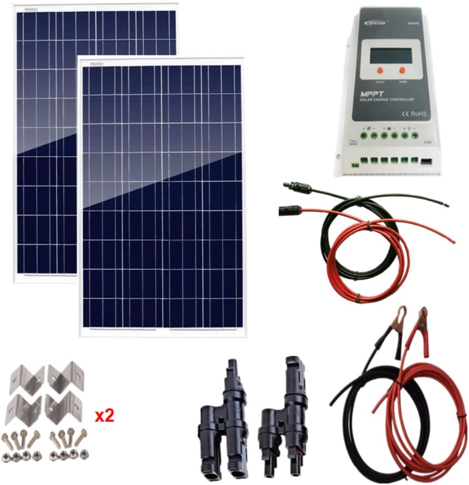AUECOOR200W 18V Solar Panel Kits Polycrystalline Solar Panel Kit for 12V Battery RV Cabin Boat Tent Car Tent Yacht with 30A MPPT Solar Controller Cable Connector Alligator Clips