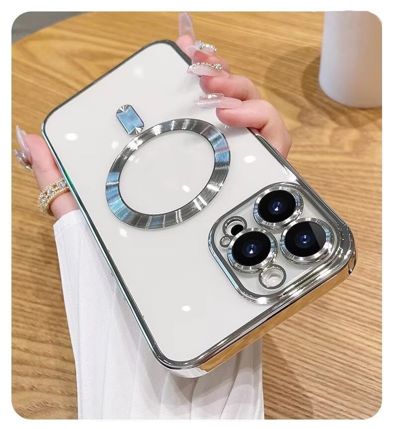 Image of TPU Designed for iPhone 15 Pro Max Luxury Electroplating Case [Magnetic MagSafe] [Integrated Lens Protection] Back Cover Case for iPhone 15 Pro Max (Silver)