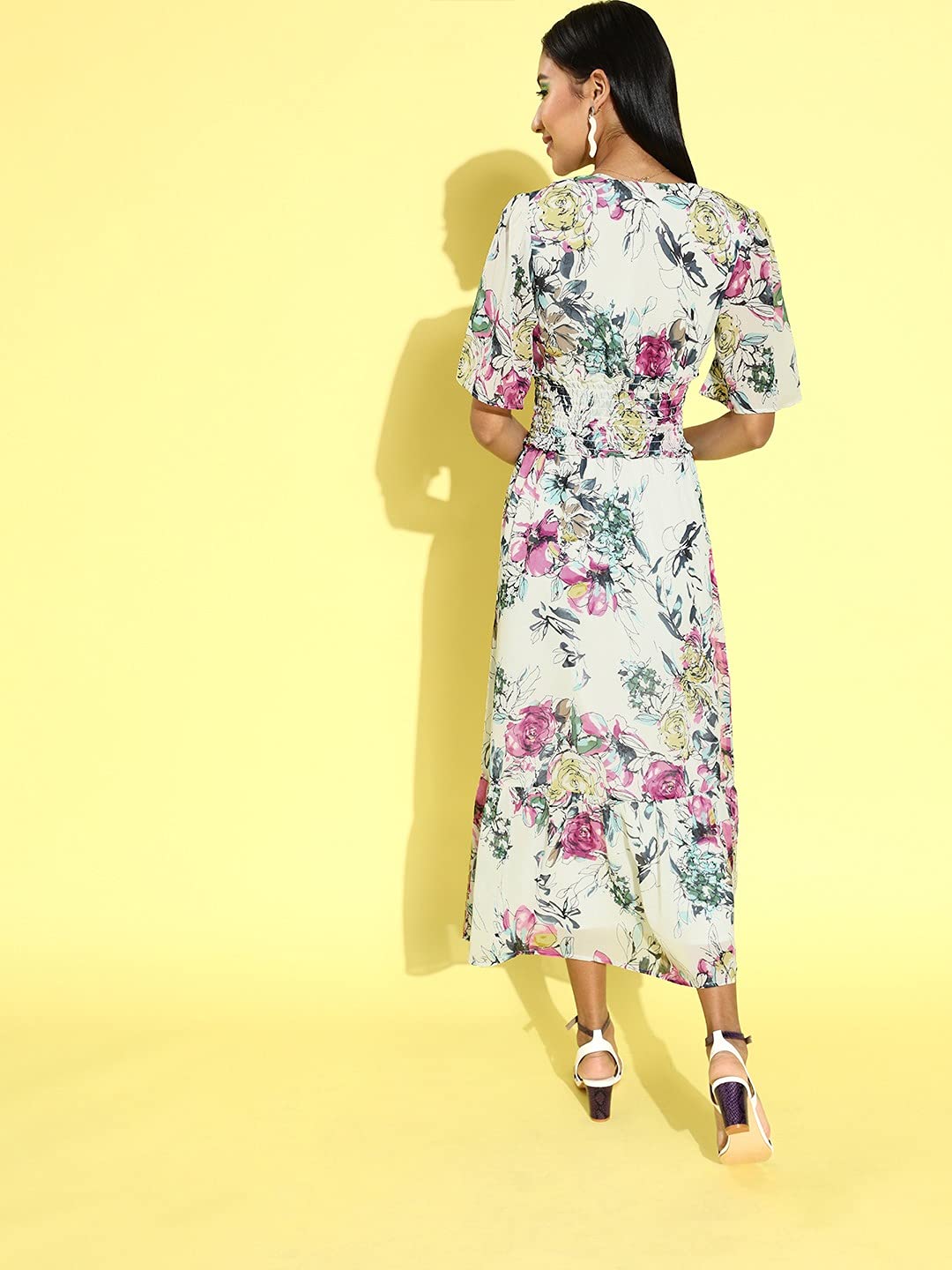 Rare Women's Georgette A-Line Knee-Length Dress (Ep6244_Off White_L)