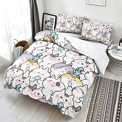 Cvhouse Kawaii Bedding Twin Size,Kawaii Cat Bedding Set For Girls Kids Teens,Cute Cat Comforter Set Cover Soft,1 Duvet Cover 2 Pillowcases 3 Piece,Girl's Bedroom Kawaii Decor #TOP1
