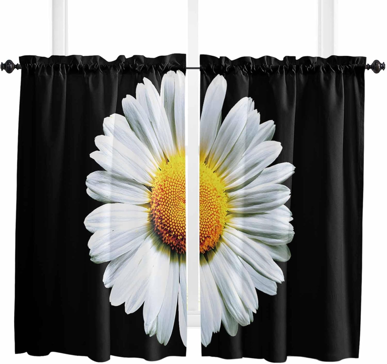 Spring Floral Kitchen Curtains, Daisy Summer Botanical Classic Black Light Filtering Window Curtain Panels, 2Pcs Rod Pocket Window Treatments Set for Study Room Bathroom Bedroom 52x54 Inches