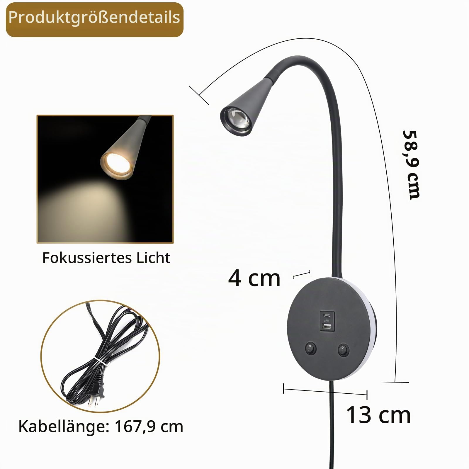 Buchlichter zum Lesen in der Nacht, LED Wandmontage-Leselicht, flexible Schwanenhals-Wandlampen für Schlafzimmer, Plug-in-Wandleuchten mit USB-Aufladung, Nachttisch-Wandleuchten, fokussierte Bettlampe