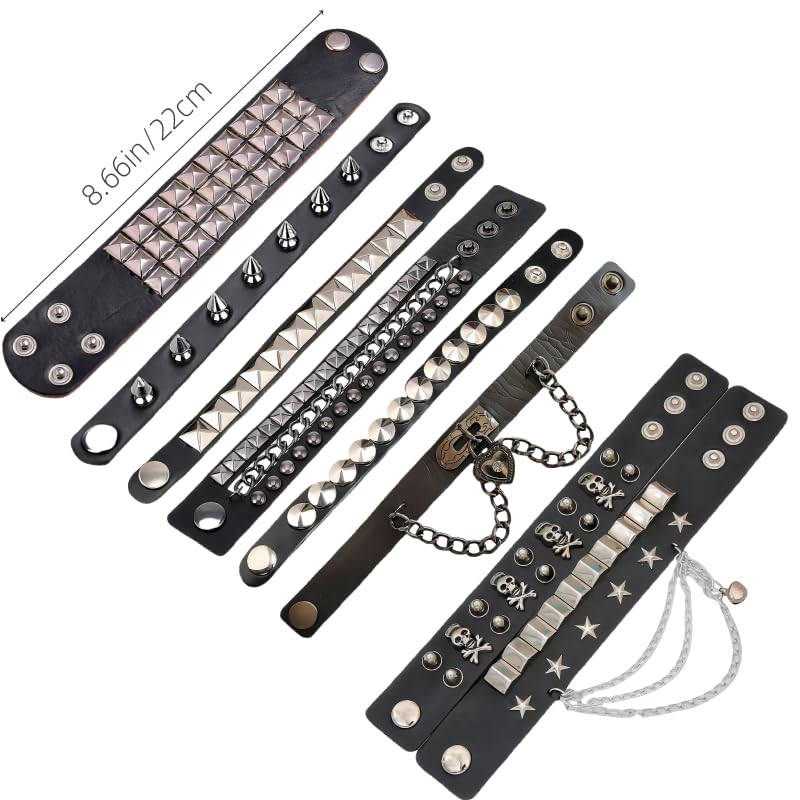 3Pcs Punk Rock Studded Bracelet Set, Goth Spiked Leather Cuff Bangle, 80s Wristband Bracelets Halloween Accessories Adjustable for Men Women (punk set-4)2