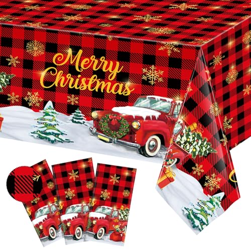 Tiamon 3 Pack Christmas Red Truck Tablecloths Decor Plastic Xmas Party Table Covers Retro Merry Christmas Tree Farm Print Party Supplies Xmas Winter Holiday B'day Party Decor, 54''x108'' (Plaid)