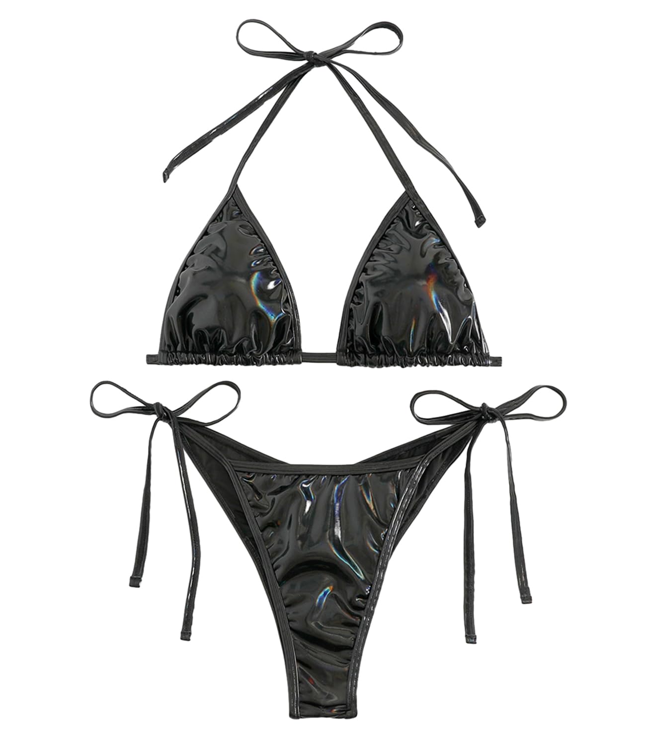 Womens Liquid Metallic Rainbow Bikini Sets Shiny String Padded Triangle 2 Pieces Swimsuit Set
