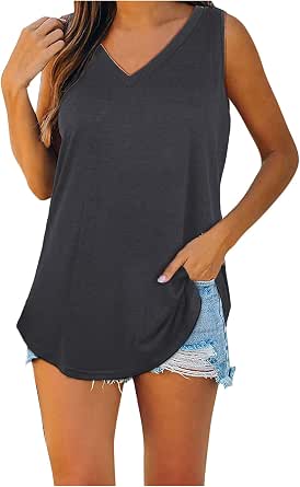 ETCYY Women's Sleeveless V-Neck Tank Top - Loose Fit Casual Summer Shirt With Ring Hole Design, Size Medium
