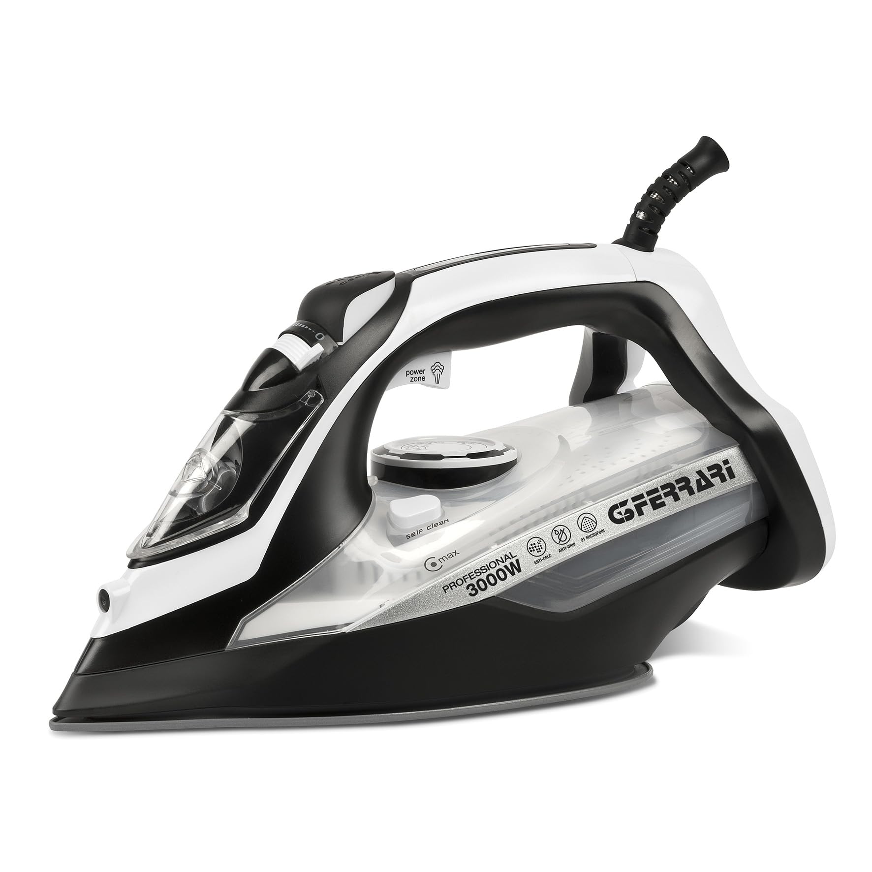 G3 Ferrari Plancha de vapor Eliseo 3000 G40024, 3000 W, 91 microagujeros, 25 g/min con golpe de vapor de 140 g/min, funciones de limpieza automática, sin goteo ni cal, 450 cc, color blanco y negro