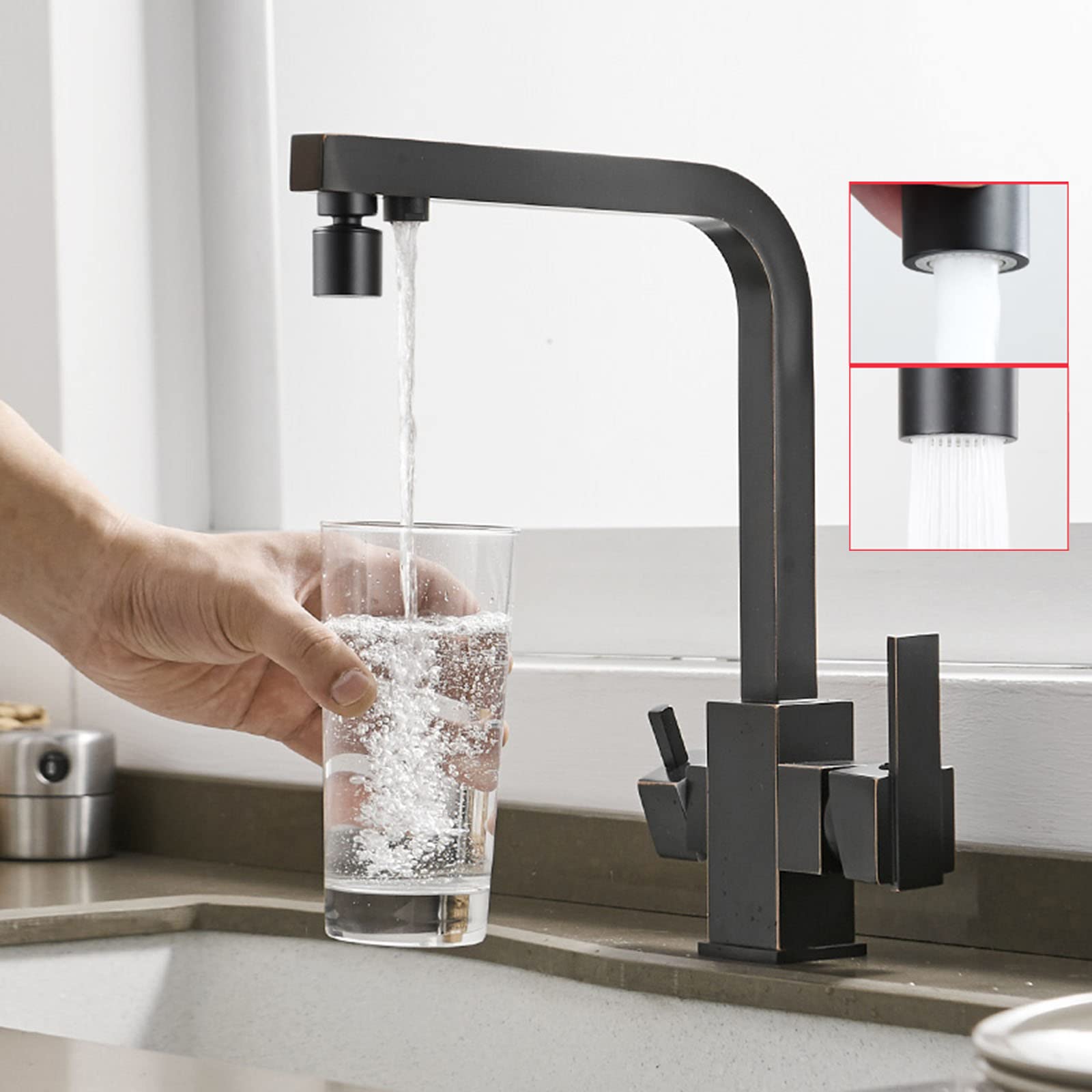 Filtro de agua para grifo de cocina negro de 3 vías, sistema de ósmosis de doble mango para fregadero, modo C y ADualmodus, fácil instalación, diseño contemporáneo, alto caudal
