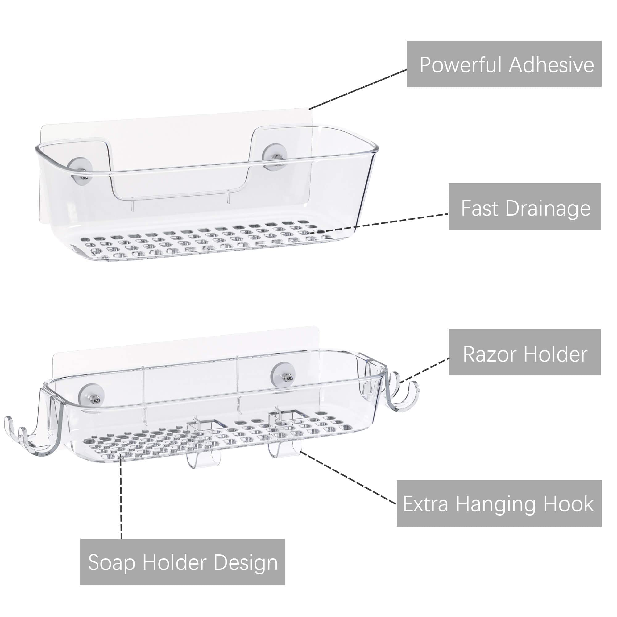 TZAMLI Organizador de ducha adhesivo, estante de ducha resistente al óxido con soporte para maquinilla de afeitar y gancho, estante de ducha para almacenamiento de baño (transparente, paquete de 3)