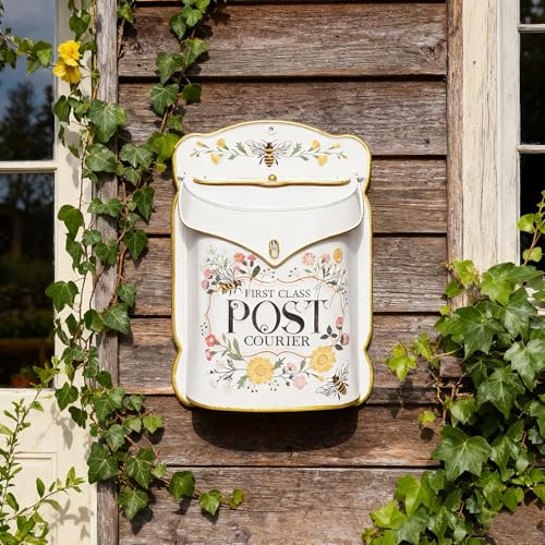Image of Wall Mount Mailbox for Outside Vintage Mail Boxes for House Outside Metal Door Mailbox Drop Box Antique Style Nostalgic Charm Home Decorative, Flower Pattern, Pink