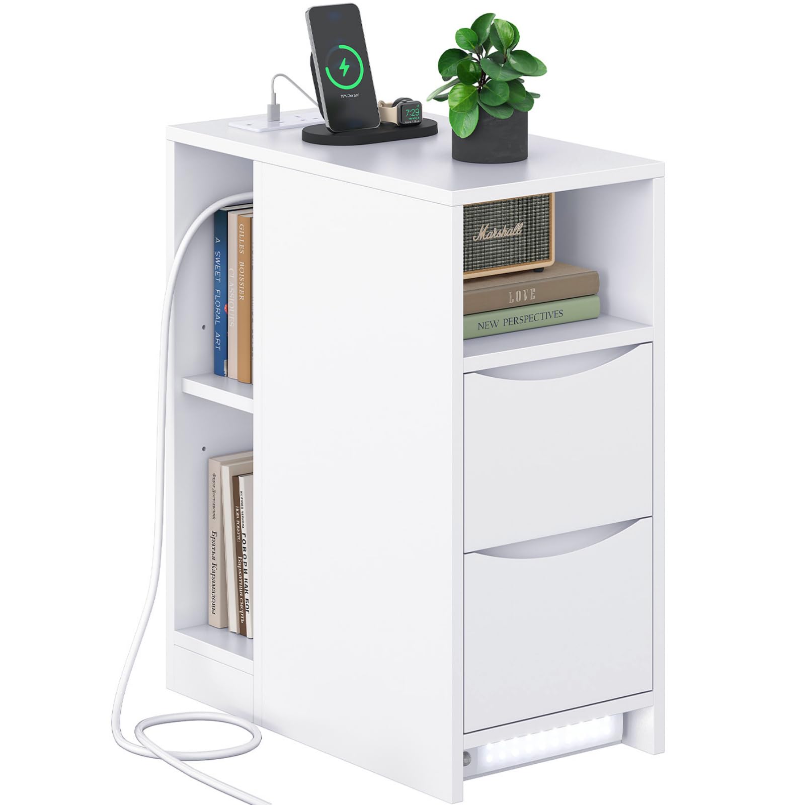 Brinlawb Slim Bedside Table with Charging Station (2 AC Sockets, 1 USB-A & 1 USB-C Port) and Under-Cabinet Lights with Motion Sensor, Narrow Bedside Table with 2 Drawers and Open Compartment, White
