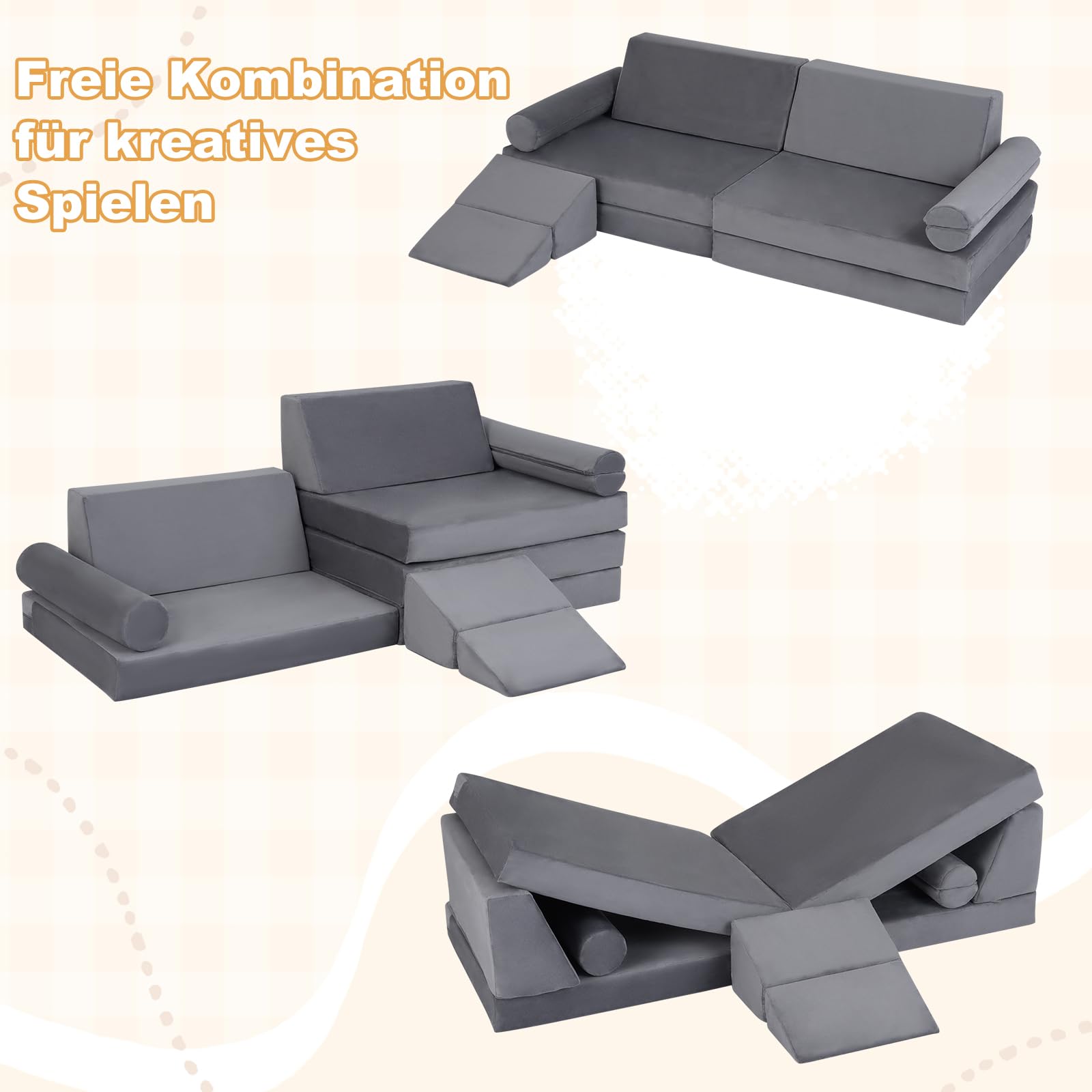 COSTWAY 10 teiliges Kindersofa mit Schlaffunktion, modulares Spielsofa gepolstert aus Kristallsamt mit waschbare Bezüge, Kindercouch ausklappbar, Kuschelecke für Jungen & Mädchen ab 3 Jahre (Grau)