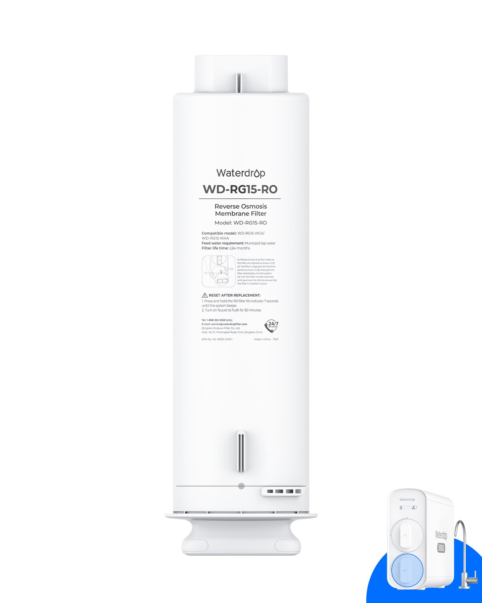 Waterdrop WD-G5P500-RO Filtro, Repuesto Para Sistemas de Ósmosis Inversa Bajo Fregadero WD-G5P500 y WD-G5P500A, 24 Meses de Vida Útil
