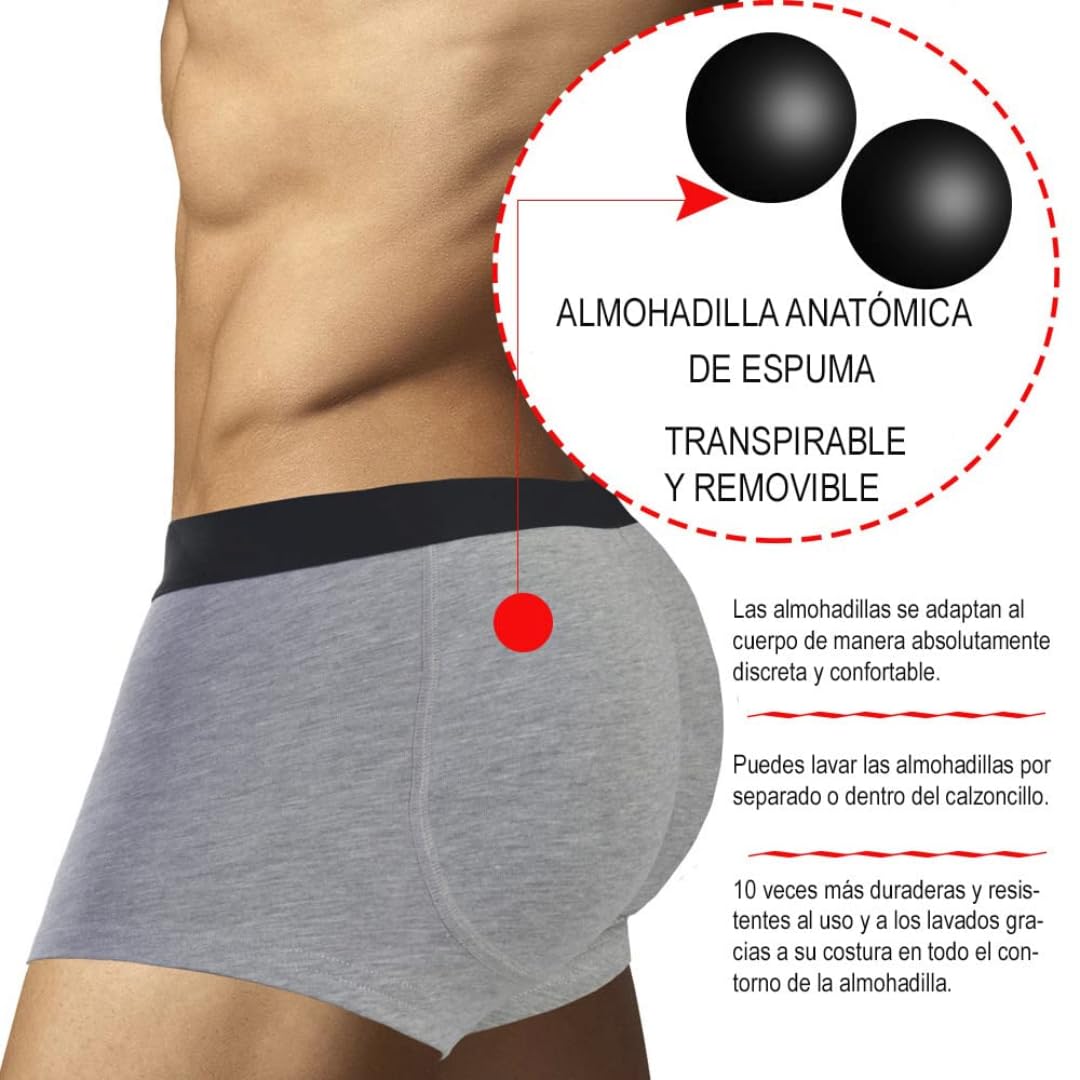 ARIUS Pack 2 Calzoncillos Boxer con Relleno Trasero para Aumentar el Volumen y tamaño de glúteos y Levantar. 1 en Color Negro y 1 en Color Gris - Push up y Relleno de Nalgas