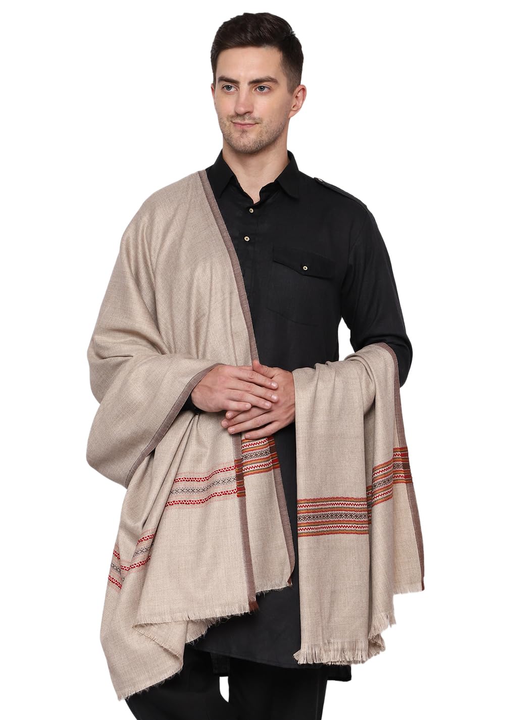 Weavers Villa Men's Poly Wool Kullu Border Lohi Shawl (Light Grey), 112Cm X 225Cm