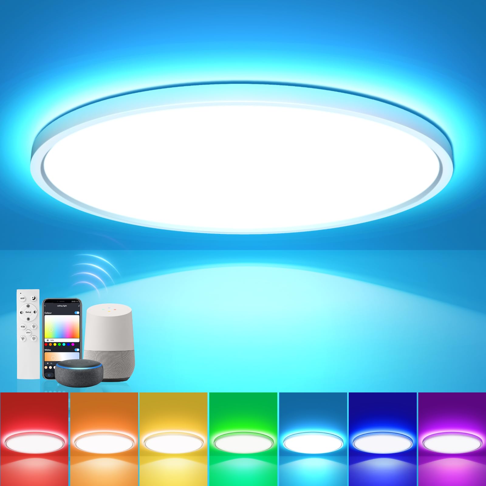 Plafoniera LED Soffitto RGB, Intelligente Lampada LED Soffitto Dimmerabile, Compatibile con Alexa Google Hom, Lampadario con 16 Milioni Colori per Camera da letto, Soggiorno, Bagno, 28W, 2800LM, 30CM