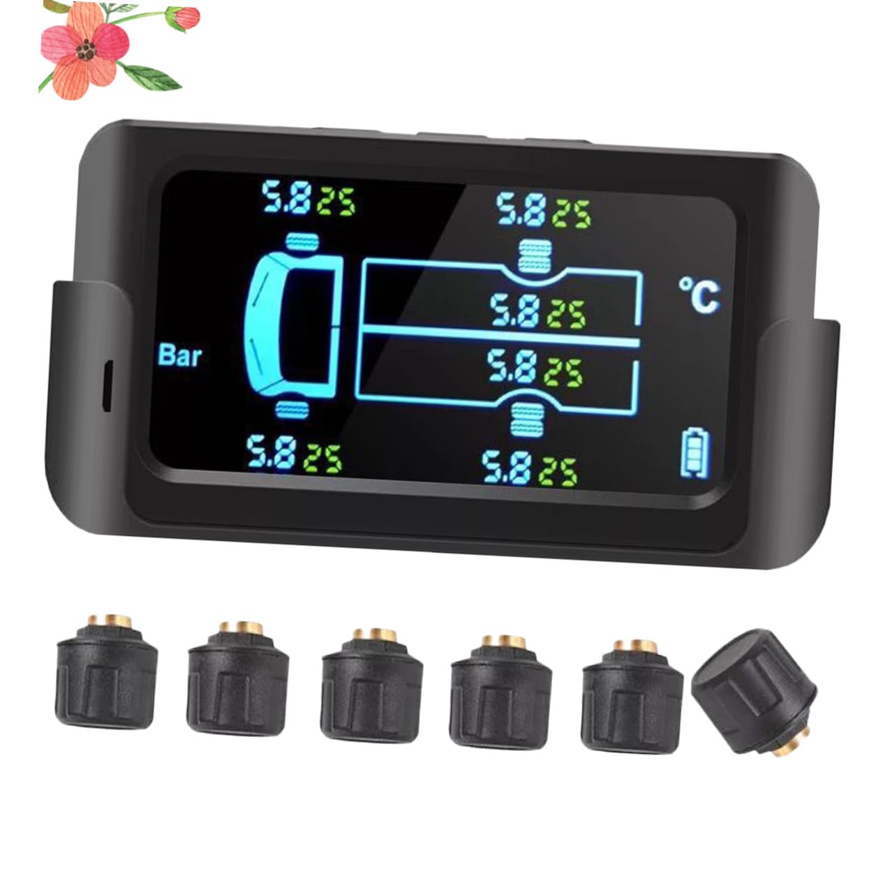 Lurrose Sistema di Monitoraggio Pressione Pneumatici Solare Wireless per Camion Grandi e Autobus 6 Sensori Esterni in ABS e PC Supporto Ricarica Energia Solare