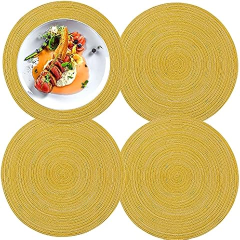 Table Place Mats Set of 4, Round Braided Woven Placemats,Hand-Woven 15 Inch Table Mats, Non Slip Washable Place Mat Home Kitchen, Dining Table, Outdoor, Christmas Party (Yellow) Cover
