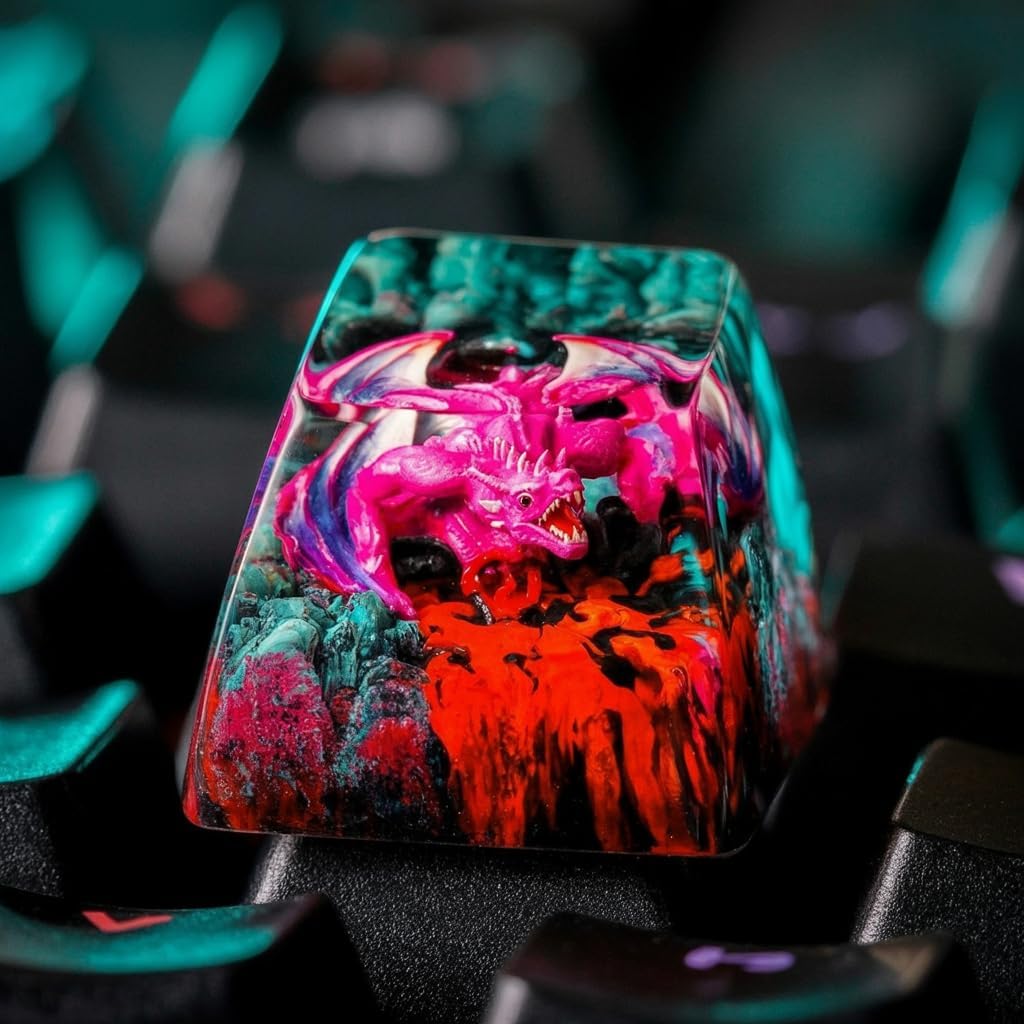 Pink Dragon with Volcano Cool Artisan Keycap R1 SA Profile Custom Fantasy Dragon Keycaps 1U ESC Handmade Gaming Resin Key Cap Cherry MX Switch Compatible Mechanical Keyboard Dragon Lover Gift