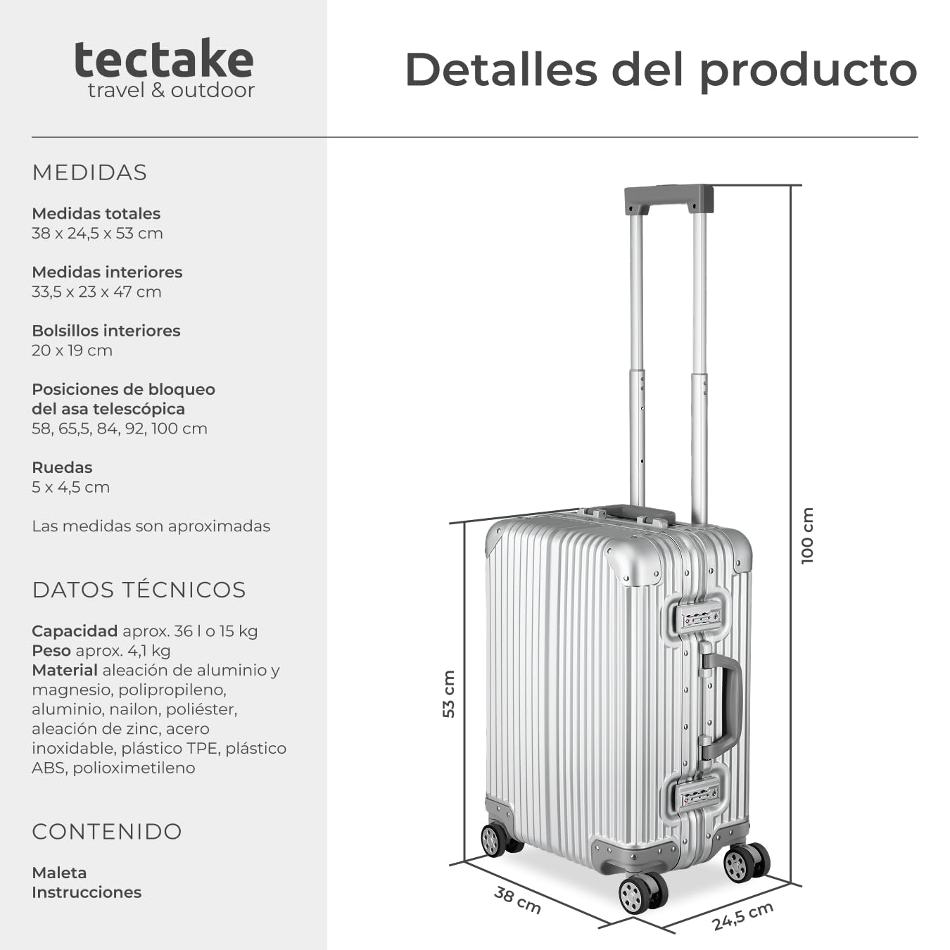 tectake® Maleta Cabina Rígida de Aluminio con Cerraduras TSA, Maleta Mediana Equipaje de Mano en Avión, Maletas de Cabina Ligera, Maletas de Viaje - 53 x 37,5 x 24 cm Plateado
