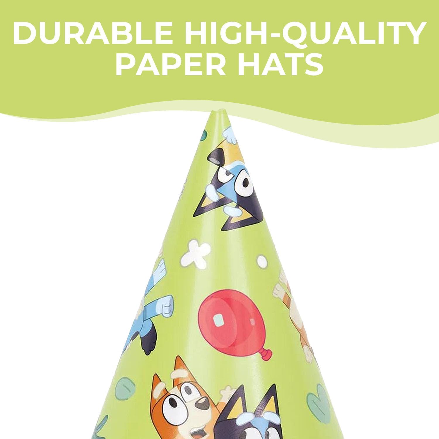 Bluey & Bingo Paper Party Hats, 4.25" x 6", 8-Count Cone Hats with Elastic for Kids’ Birthday Parties