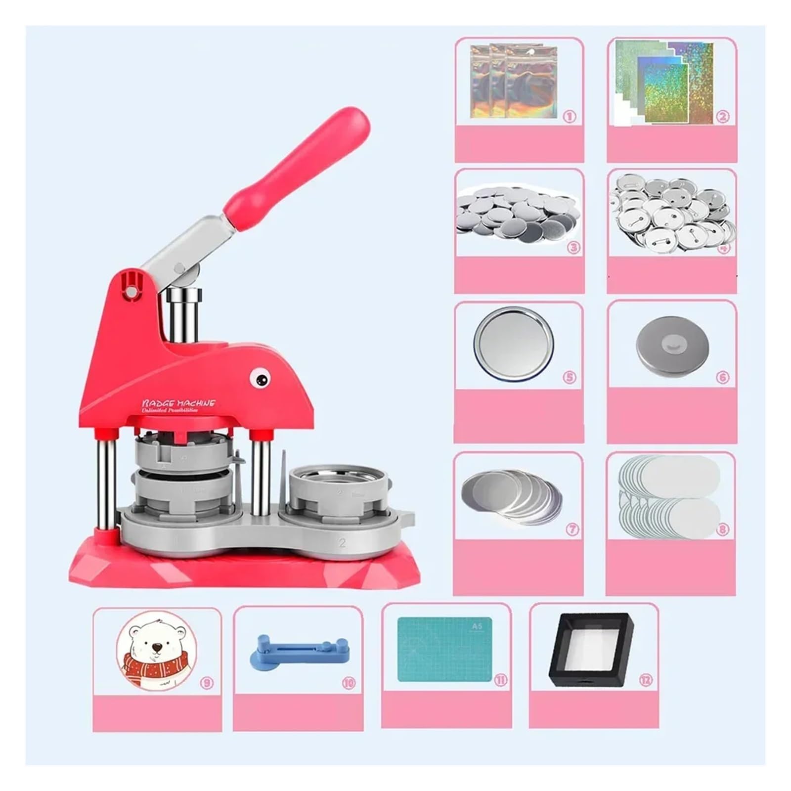 NGTFDCP Badge Machine, Can Badge Maker 58mm Button Machine Set DIY Refrigerator Sticker Making Paper Cutter Parts DIY Crafts(Red)
