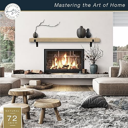 Image of MCS 72-Inch Mantel, Master & Co Natural Woodgrain Finish Solid Wood Floating Fireplace Mantel, Long Floating Shelf for Livingroom with Wood Cleat Hanging System, Photo and Home Decor Display Shelf