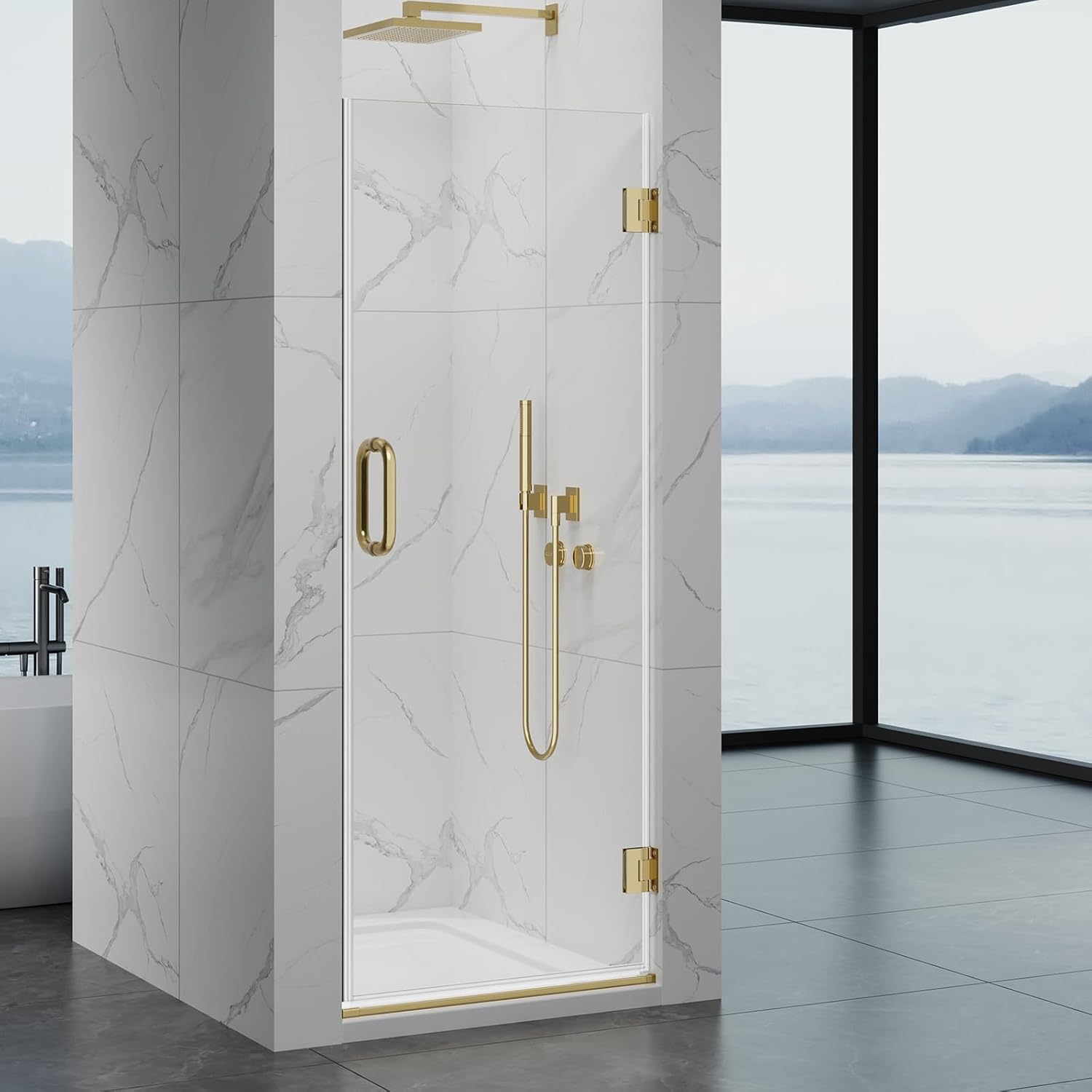 Framelss Single Swing Hinged Shower Door, 28" W x 76" H Pivot Shower Door, 5/16" (8mm) Tempered Glass with Nano Coating, SGCC Certified, Glass Door for Walk-in Shower - L02-28 (Brushed Gold)