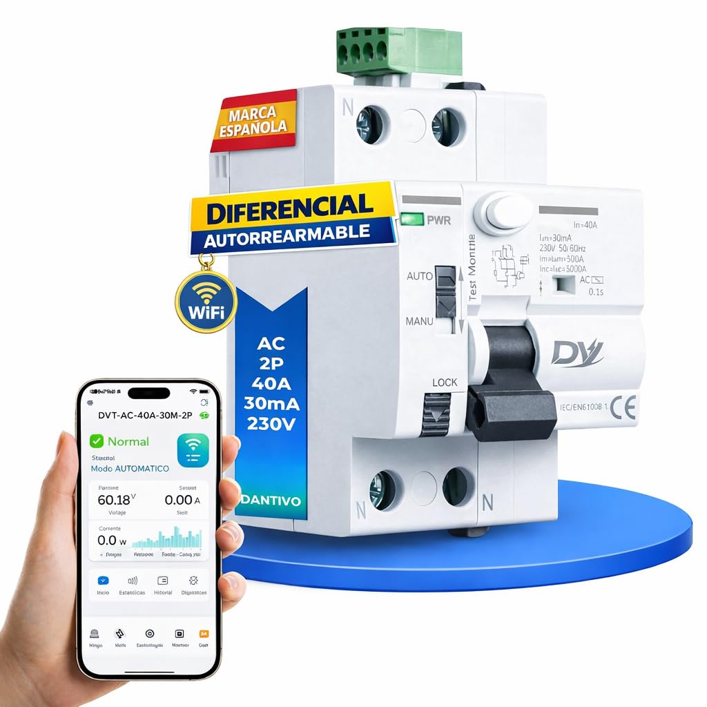 Diferencial Auto Rearmable WiFi 40A 30mA Tipo AC 2P – Interruptor Diferencial Inteligente WiFi con App – Diferencial Rearmable Automático Carril DIN – Monitorización Consumo en Tiempo Real