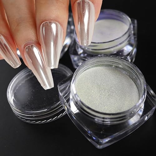2 cajas de polvo de uñas cromado blanco, polvo de cromo perla con efecto brillo perlado, polvo aurora iridiscente efecto espejo metálico, pigmento
