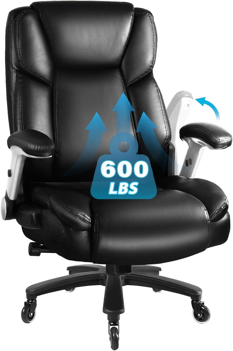 LEMBERI 600 Lbs Big and Tall Office Chair for Heavy People, Ergonomic PU Leather High Back Executive Comfy Computer Chair with Lumbar Support, Heavy Duty Wide Seat Thick Padded Office Chairs (Black)