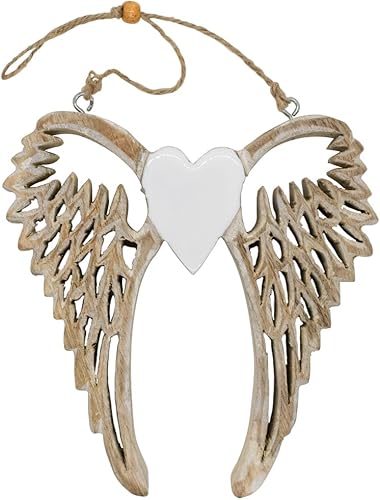 Miniatura 1 de Adorno de alas de ángel de madera de 6.5 pulgadas en cordel, corazón blanco o centro de estrella, hermosa decoración para el hogar, ventana, pared o
