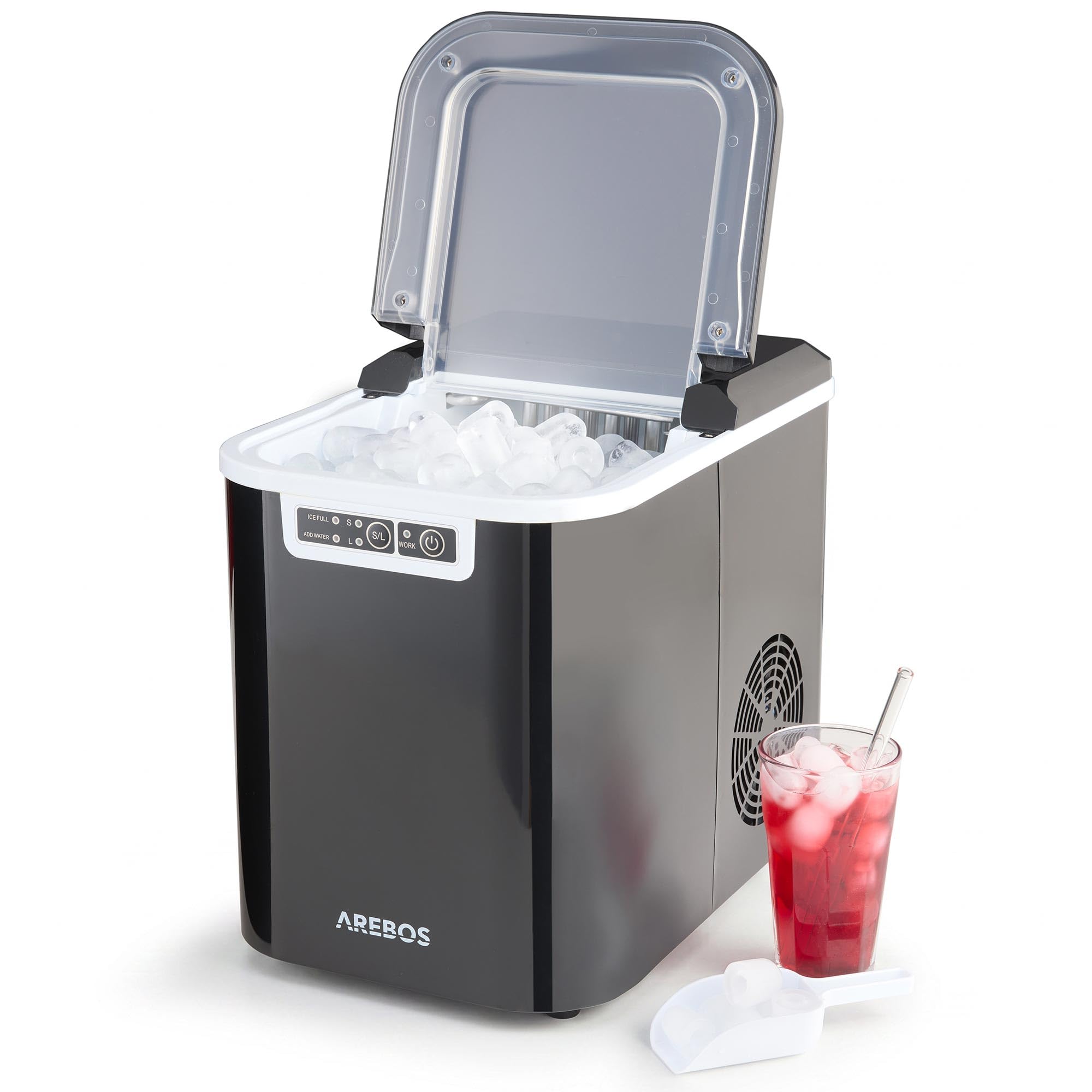 Arebos Macchina per cubetti di ghiaccio | 12 kg/24 h | 10-15 min. tempo di produzione | 2 dimensioni di cubetti di ghiaccio | 2.2 L serbatoio d'acqua | Macchina per cubetti di ghiaccio Nero