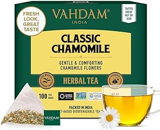 Chamomile Herbal Tea (100 Pyramid Tea Bags) Resealable Ziplock Pouch | Caffeine Free, Non GMO, Gluten Free | 100% Pure Tisane - Sweet & Floral | Made With Natural Chamomile Flowers